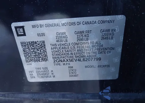 2020 Chevrolet Equinox Awd 1Fl z USA, uszkodzony, nr VIN 2GNAX5EV4L6207799